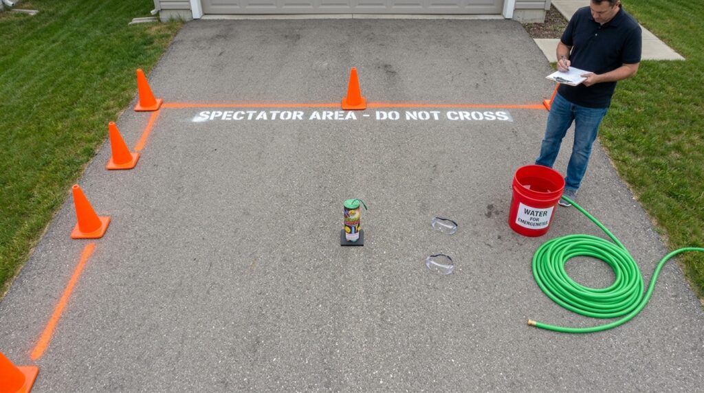 Safe consumer fireworks setup with adult supervision, water, eye protection, and spectator distance