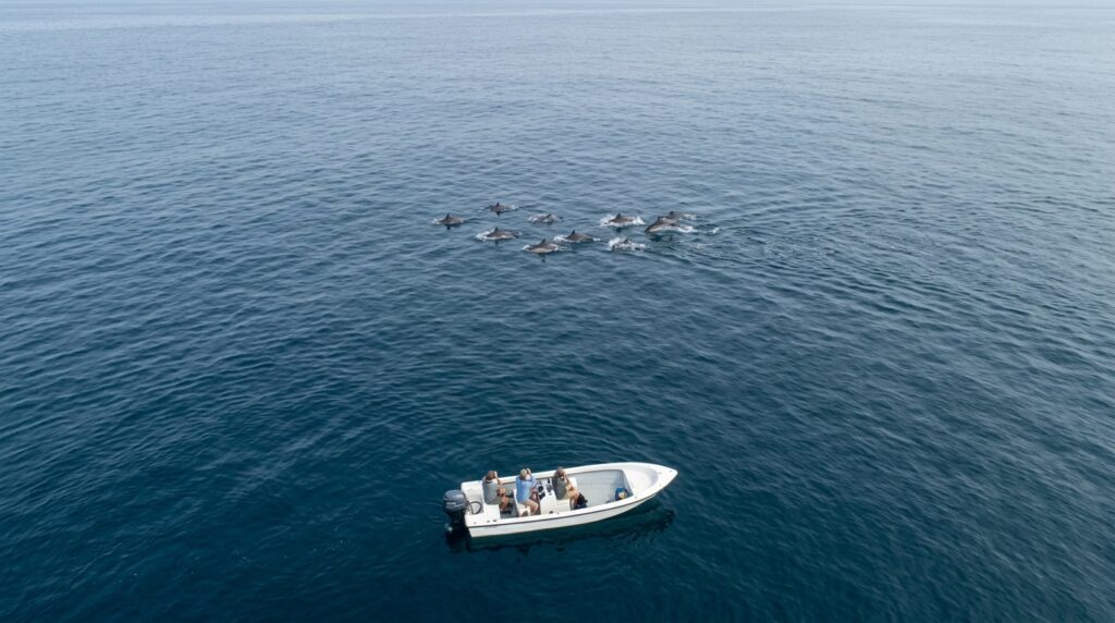 Boat observing dolphins from a safe respectful distance in open water