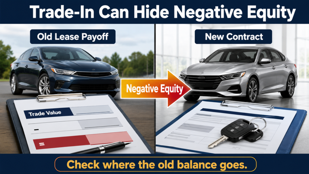 Car lease trade-in showing negative equity rolled into a new vehicle contract