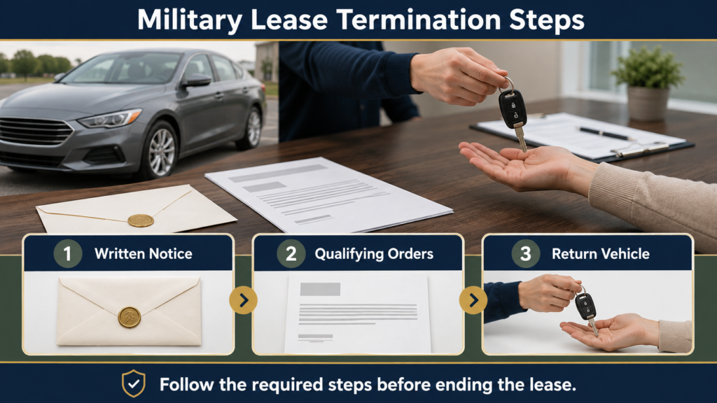 Military car lease termination paperwork, qualifying orders, and vehicle return process