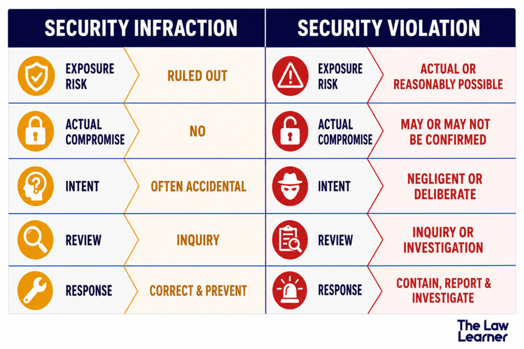 security infraction versus security violation table comparing exposure risk, intent, inquiry, investigation, and response