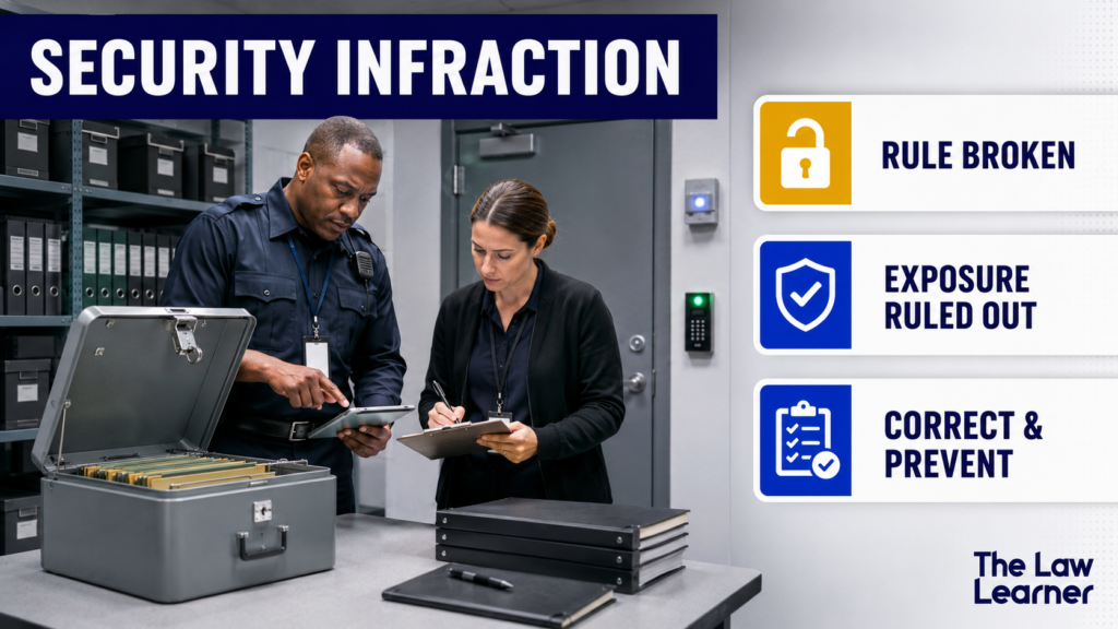 ecurity infraction example with an unlocked container inside a controlled room and no reasonable classified information exposure