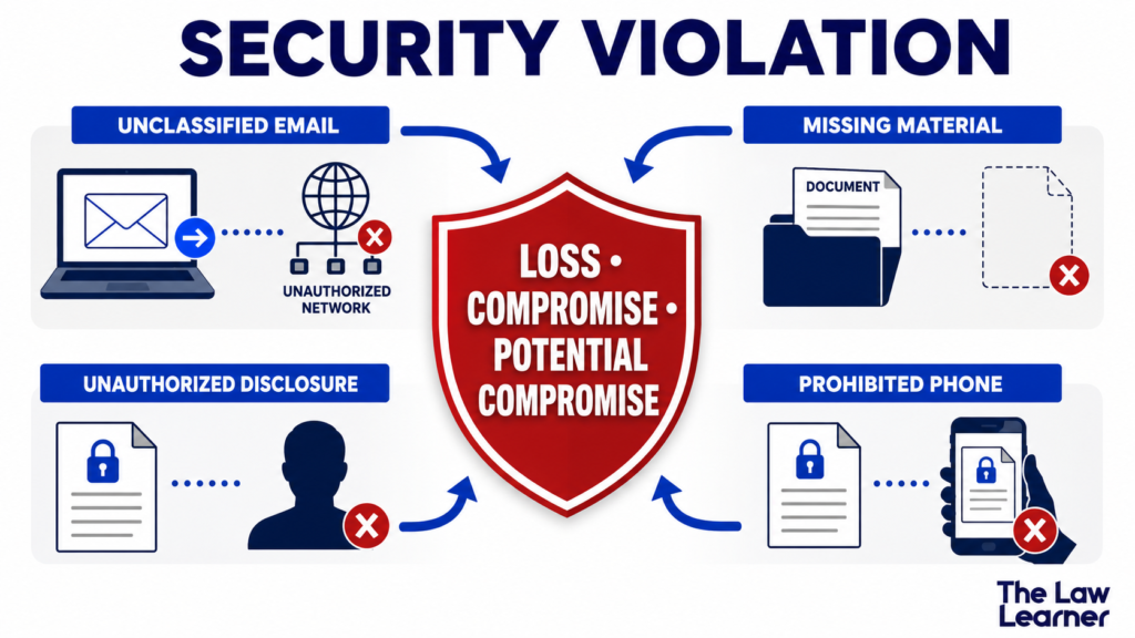 security violation examples involving classified email spillage, missing material, unauthorized disclosure, and prohibited phone use