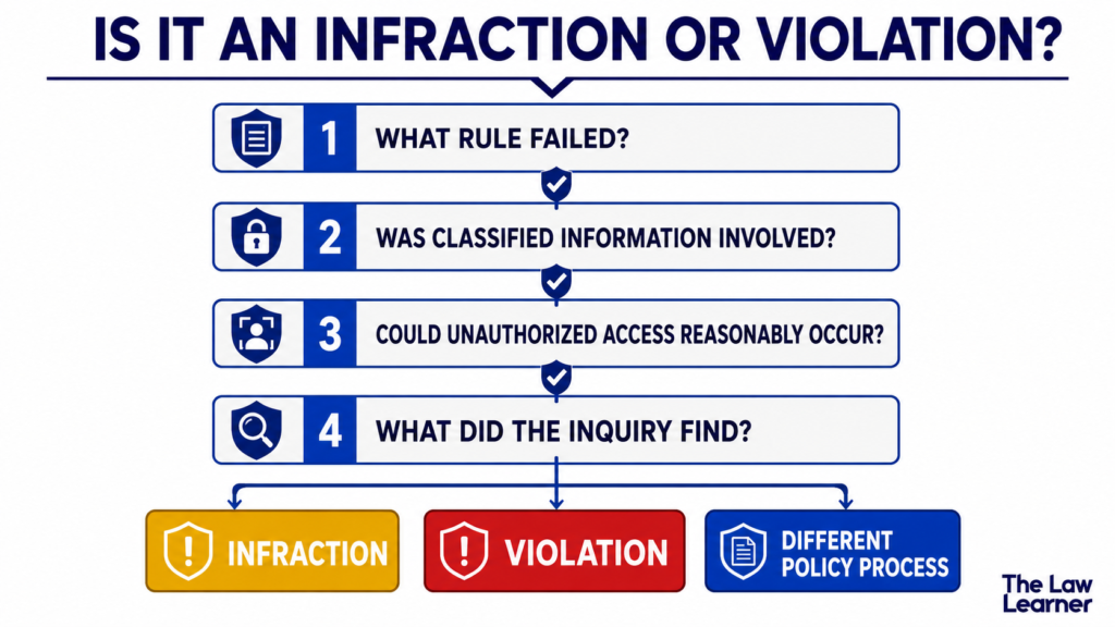 decision tree for classifying a security incident as an infraction, violation, or different policy matter