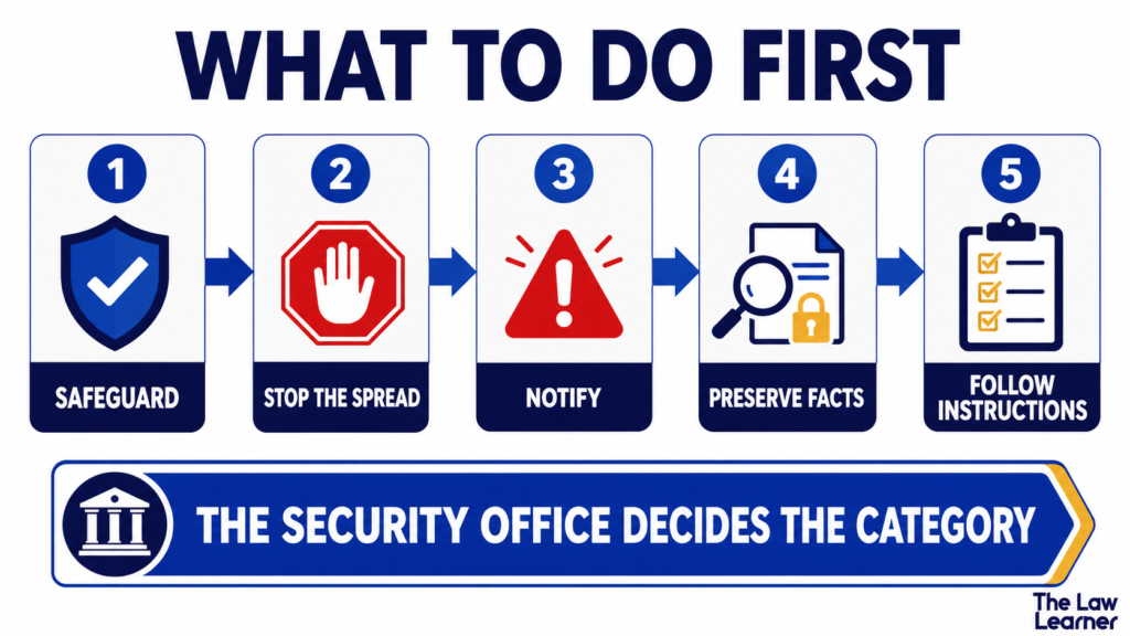 security incident response steps to safeguard information, report promptly, preserve evidence, and support an official inquiry