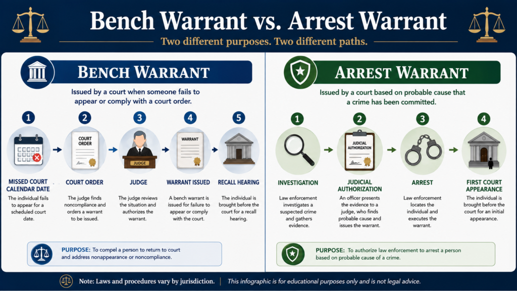 bench warrant vs arrest warrant differences. How to Clear a Bench Warrant Without Going to Jail