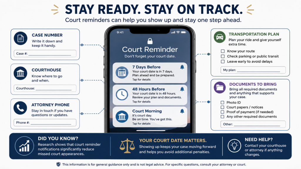 court date reminders after clearing a bench warrant