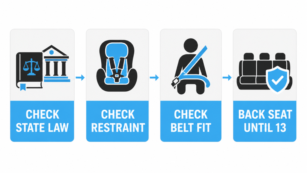 steps for checking front-seat age laws and child safety requirements