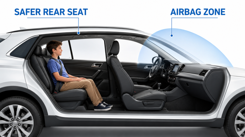 child in the safer rear seat away from the front airbag zone