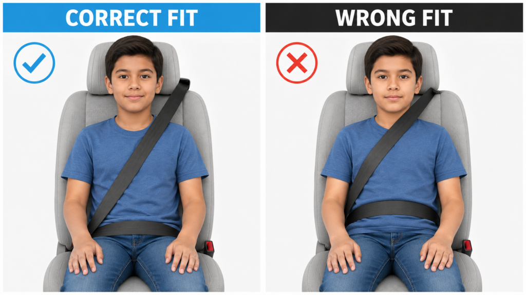 correct child seat-belt fit across the chest and upper thighs