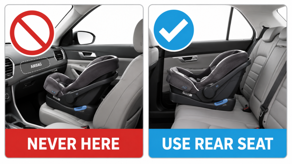 warning not to place a rear-facing car seat before an active airbag