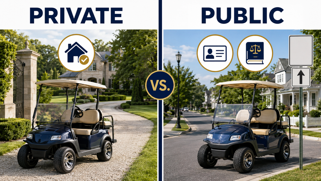 Private-property and public-road golf-cart rules compared