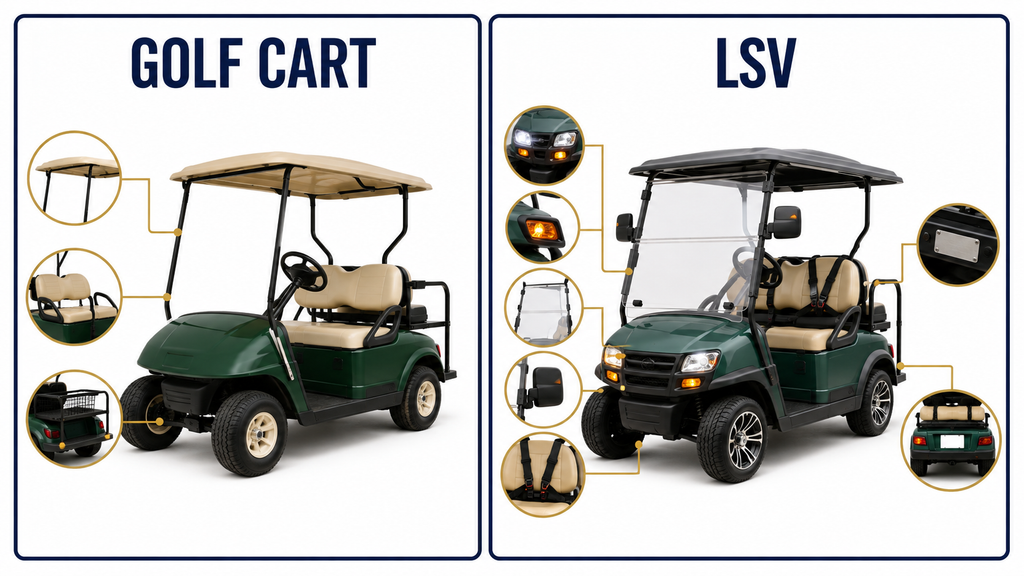 Standard golf cart compared with a street-legal low-speed vehicle