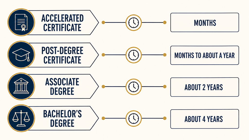How long does it take to become a paralegal by education route?