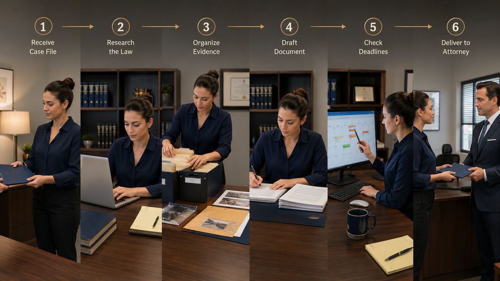 Paralegal researching, organizing documents and supporting an attorney