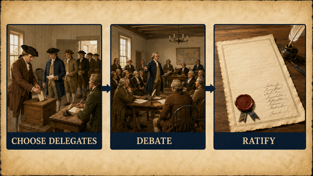 State ratification process from choosing convention delegates to debating and voting on the Constitution.