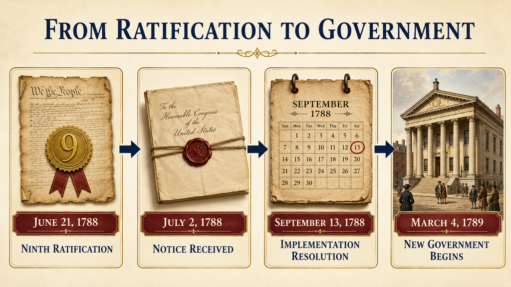 Timeline separating the ninth ratification in 1788 from the start of constitutional government in 1789.
