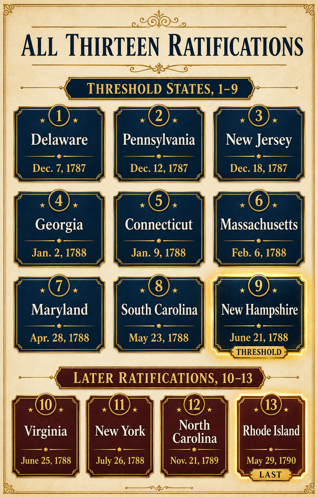 All thirteen original states grouped by the first nine ratifications and the four later ratifications.