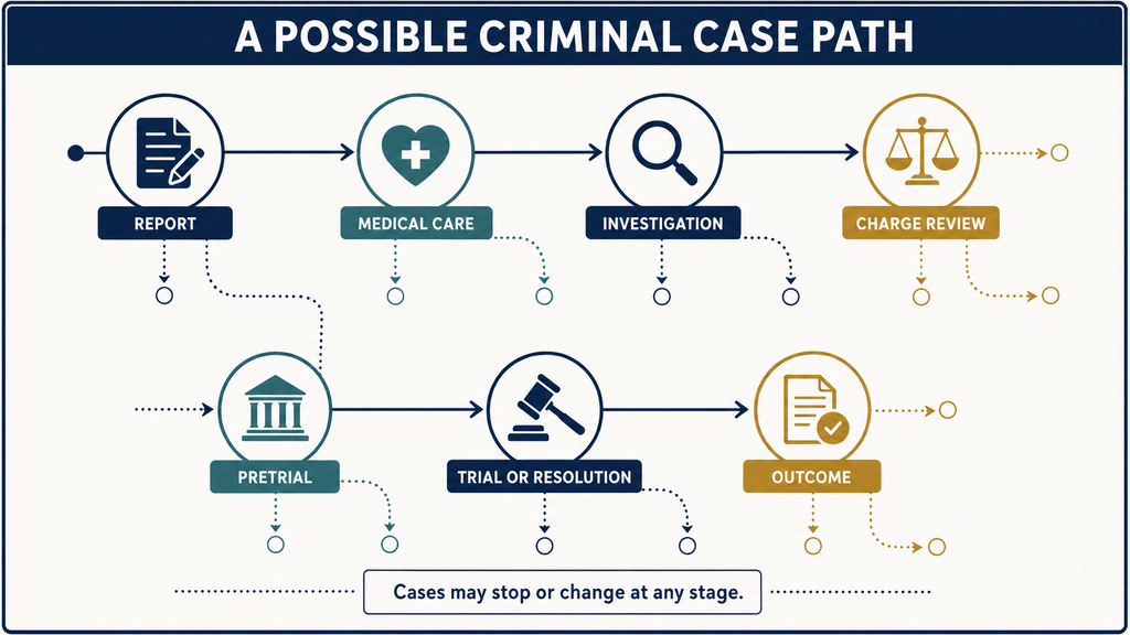 Possible stages of a sexual battery investigation and court case