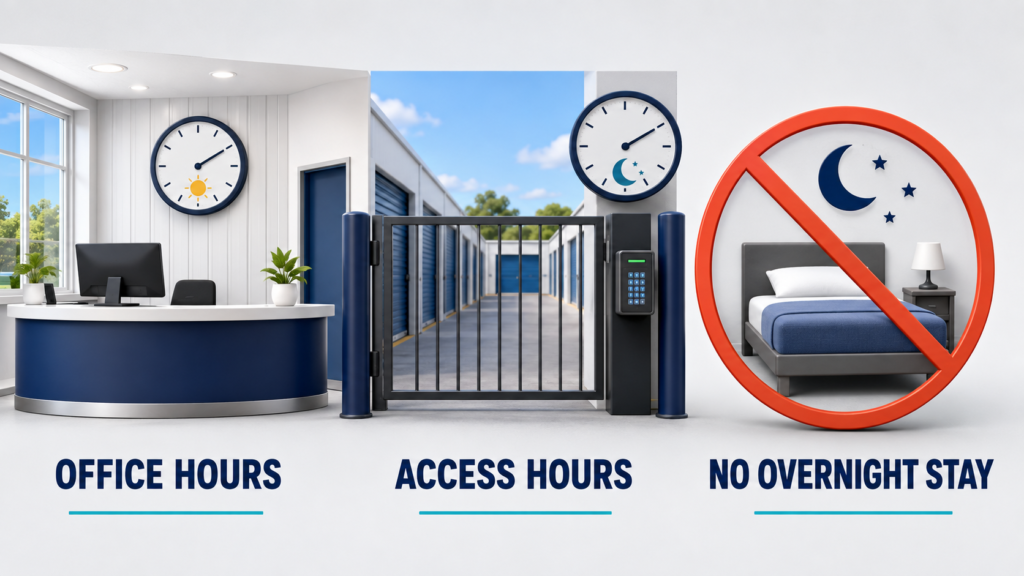 Storage facility office hours, access hours, and no-overnight rule