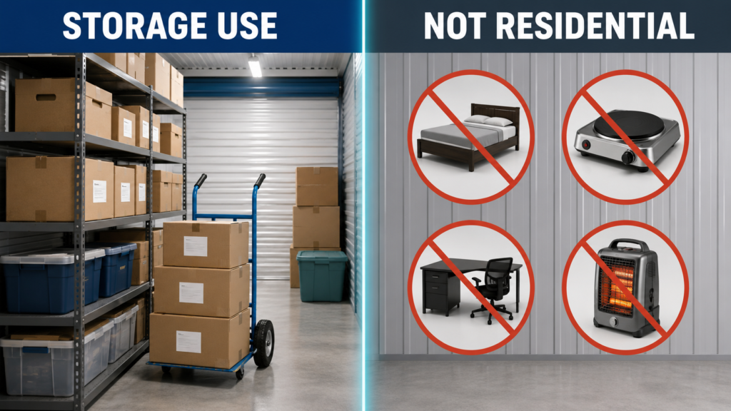 Permitted storage activities compared with prohibited residential use