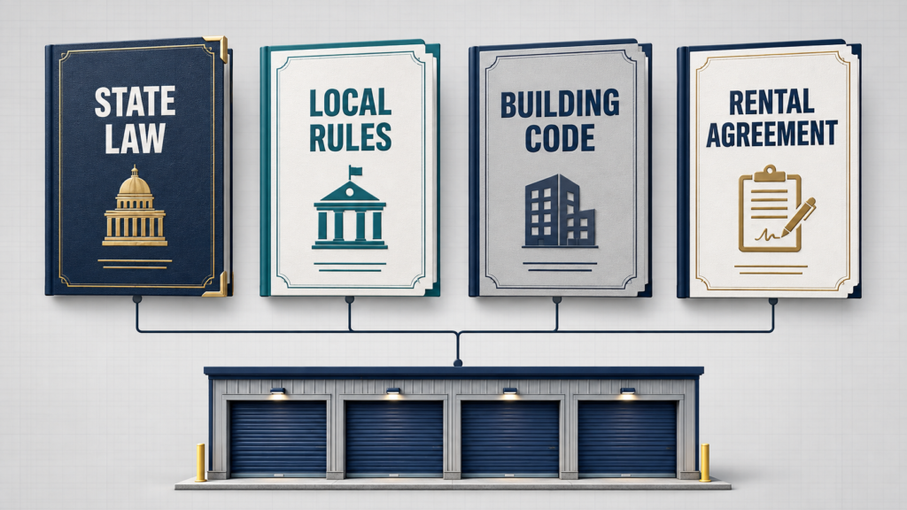 Laws and contracts that regulate staying in a storage unit