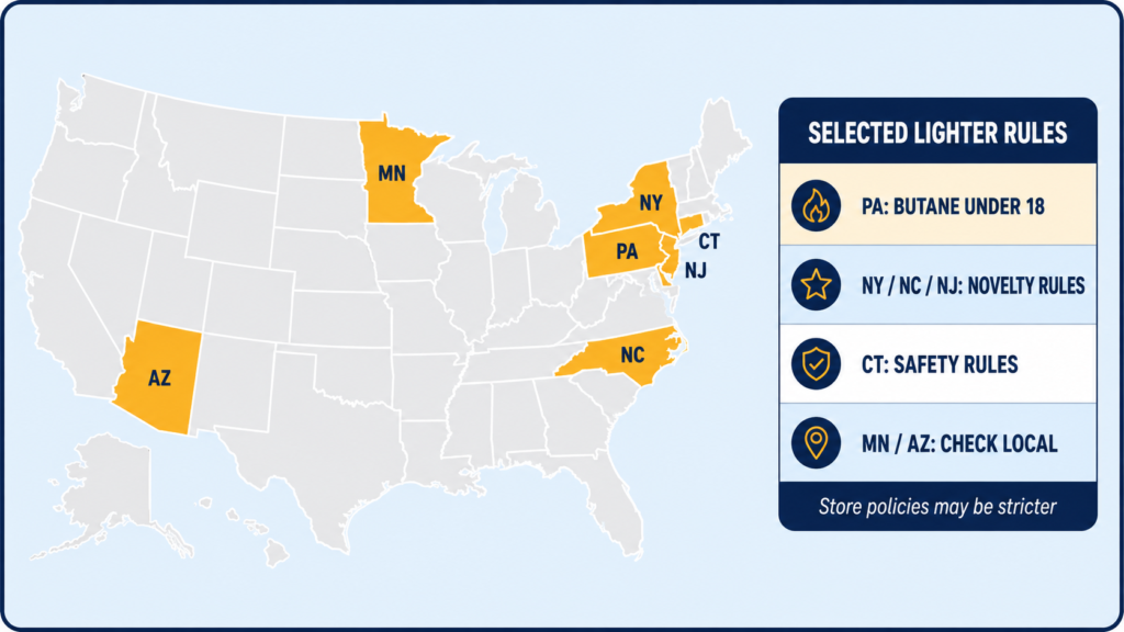 lighter purchase rules in PA NY NC NJ MN CT and AZ