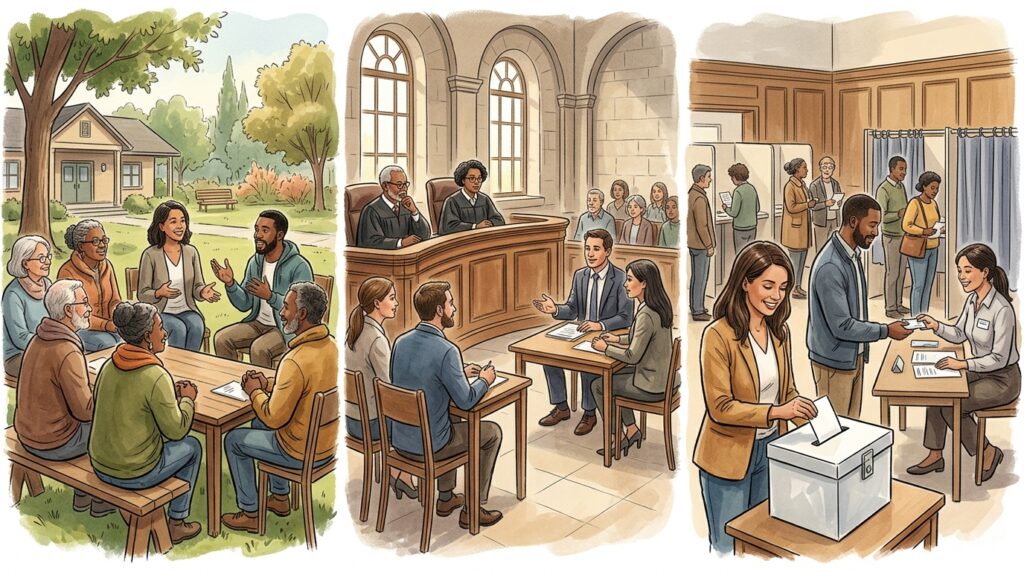 Domestic tranquility examples showing peaceful civic participation, courts, and voting.