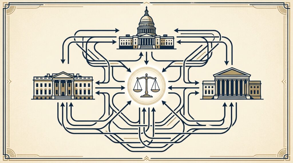 Constitutional system supporting domestic tranquility through separated powers and courts.