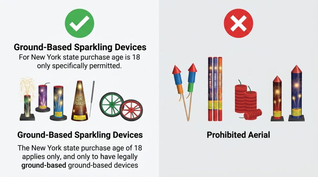 New York fireworks age 18 rule with permitted sparkling devices and prohibited aerial fireworks