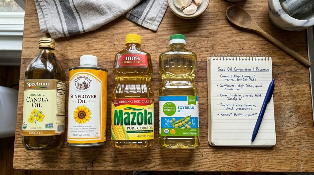 comparing seed oils including canola oil on a kitchen counter