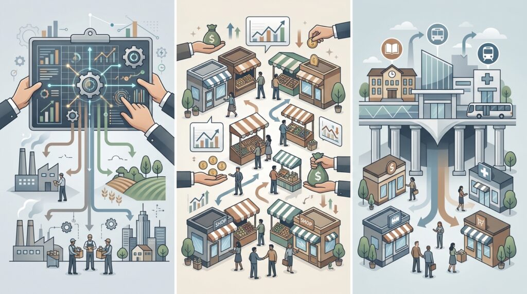 Command economy versus market economy versus mixed economy comparison
