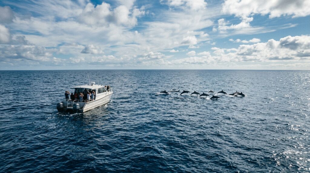 Dolphins moving freely past a slowed boat in the open ocean
