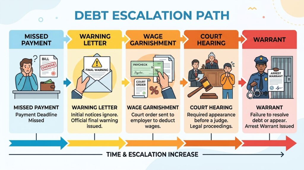 timeline showing how far behind in child support before a warrant is issued."