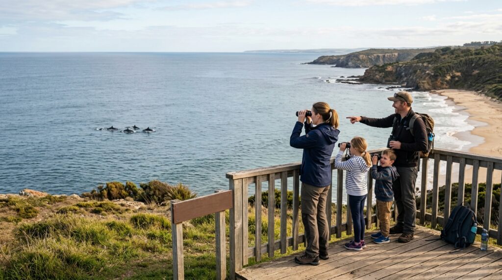 People watching wild dolphins from a distant coastal lookout