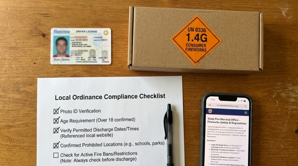 Fireworks purchase checklist with photo ID, legal package label, and local law verification.