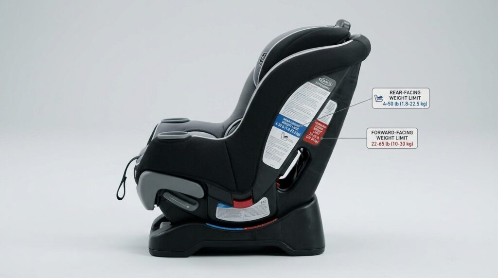 Graco Extend2Fit convertible car seat forward facing weight limit label