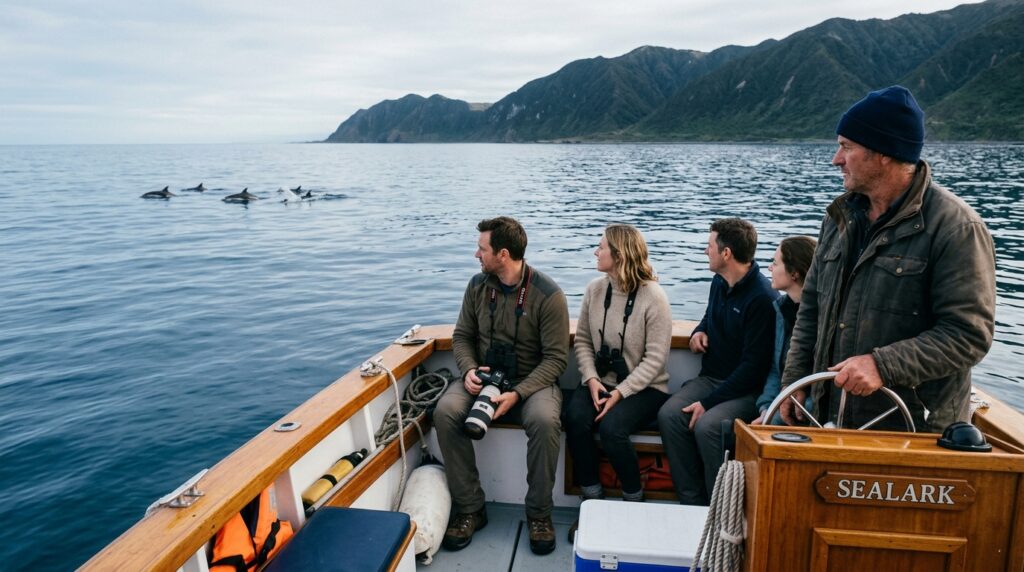 Responsible dolphin-watching group keeping distance from wild dolphins