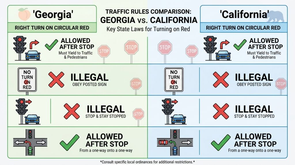 Georgia and California right turn on red and left turn on red comparison.
