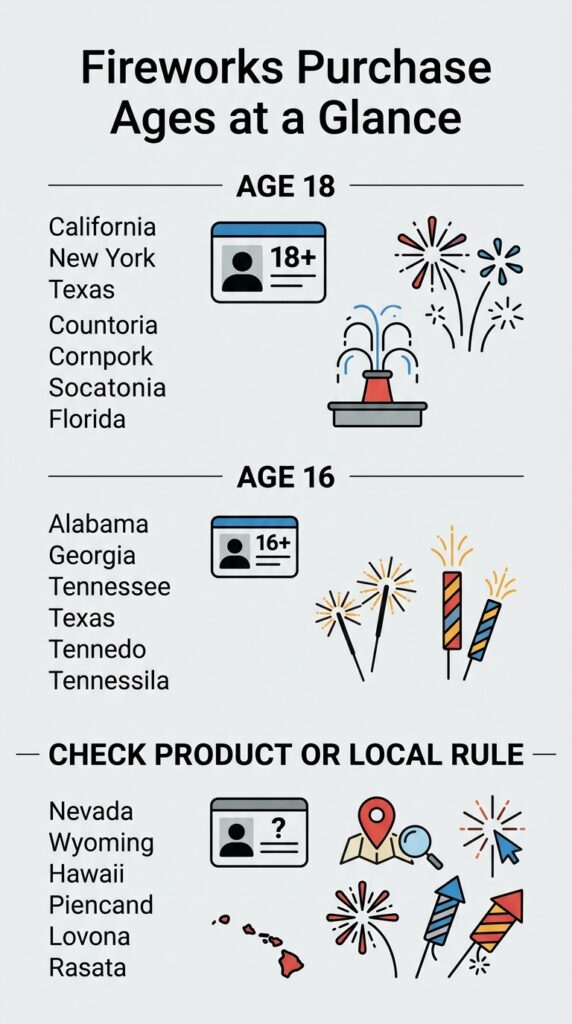 How old do you have to be to buy fireworks by state, with 16, 18, and local-rule categories