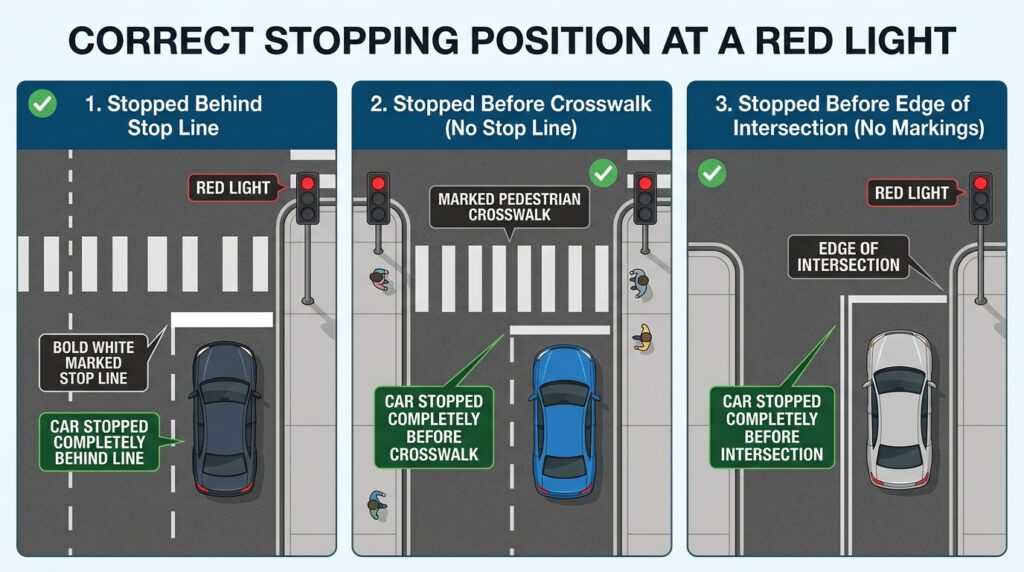 Where to stop before turning right on red in Georgia at a stop line, crosswalk, or intersection.