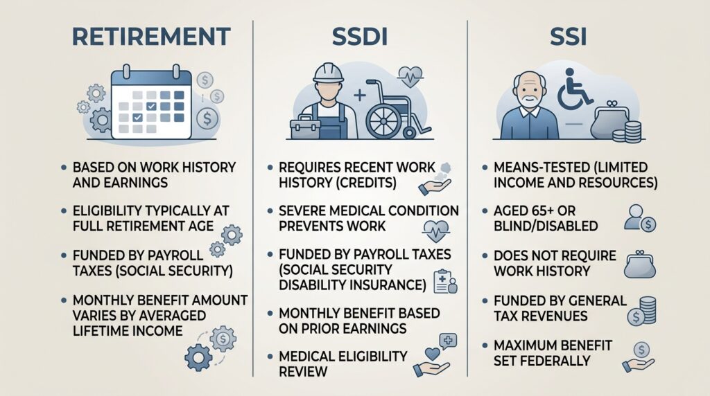 Social Security retirement vs SSDI vs SSI comparison