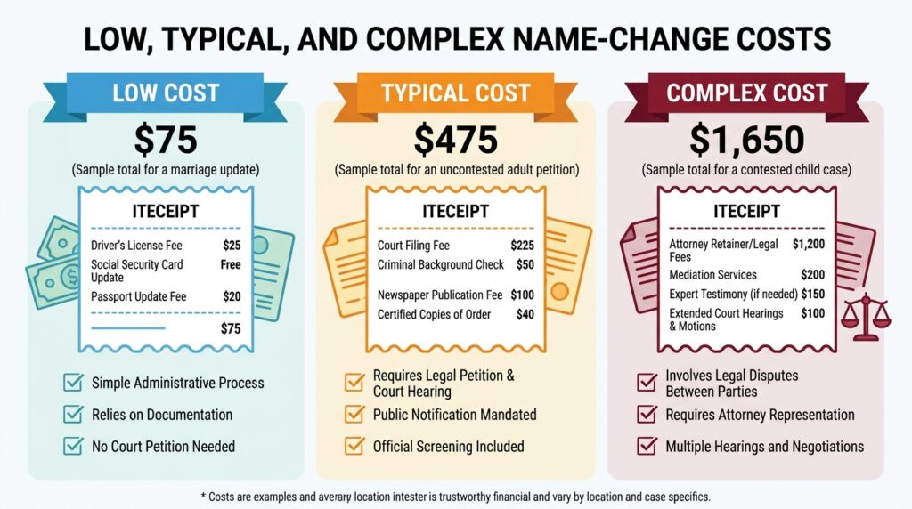 Sample budgets showing how much money it costs to change your name.