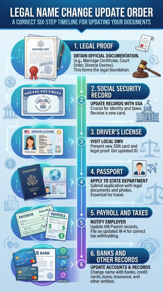 Correct order to update records after legally changing your name
