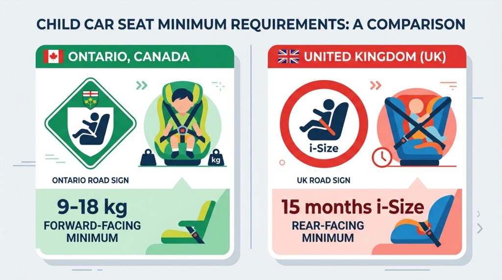 Ontario Canada and UK car seat forward facing weight rules comparison
