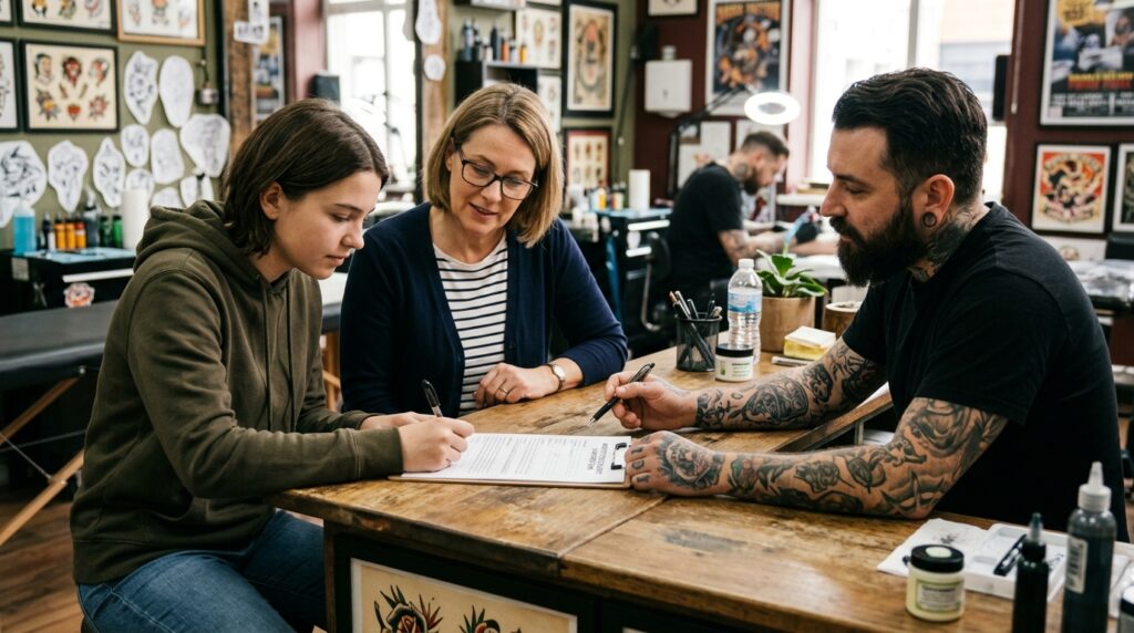 Parent and minor reviewing tattoo consent form at studio