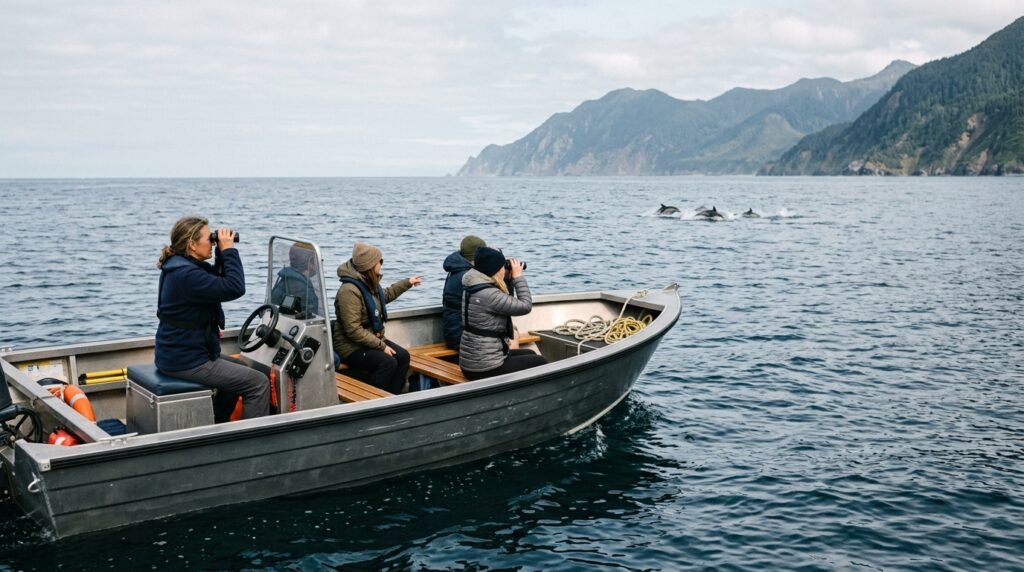 Ethical dolphin-watching tour observing dolphins from a respectful distance