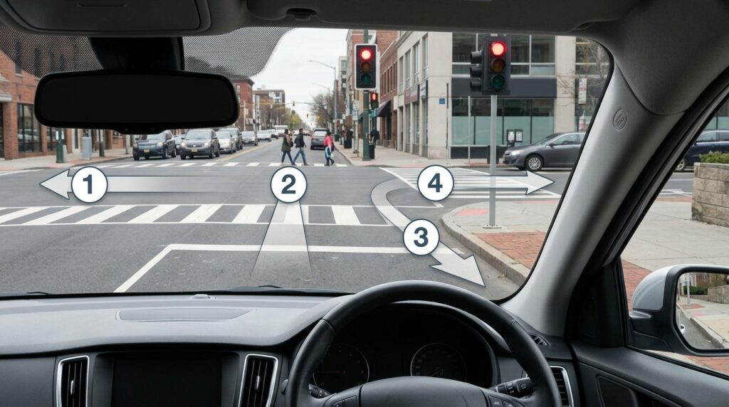 Safe steps for making a right turn on red after a complete stop in Georgia.