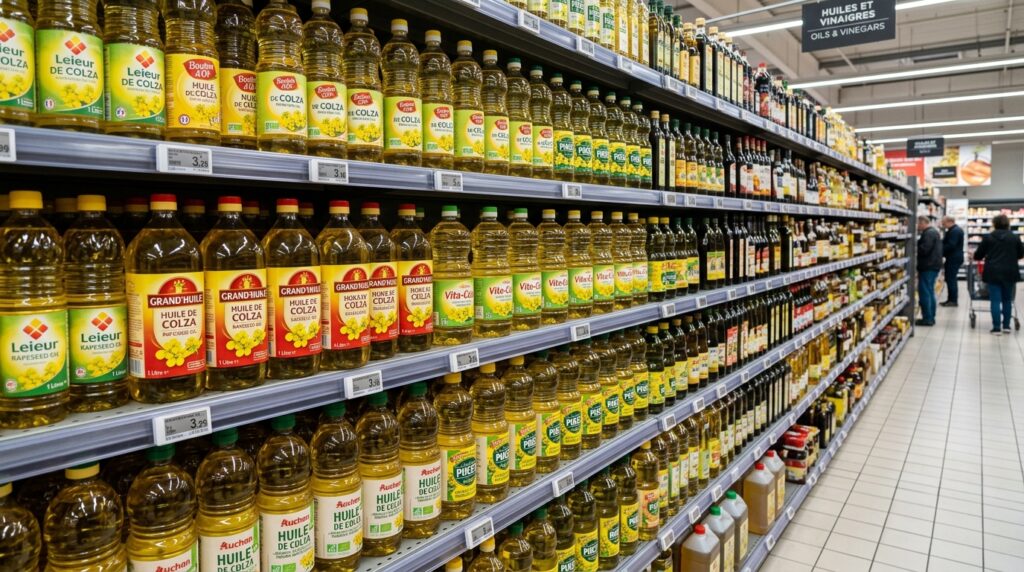 European supermarket shelf with rapeseed oil bottles showing canola oil is not banned in Europe