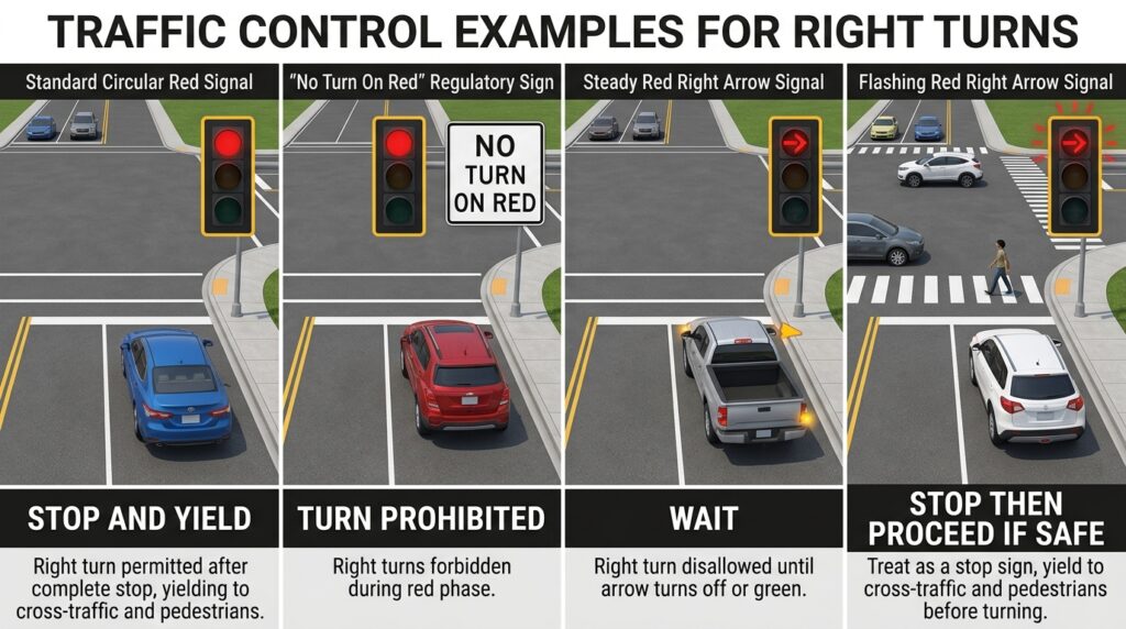 Georgia right turn on red signs and signals including no turn on red and red arrows.